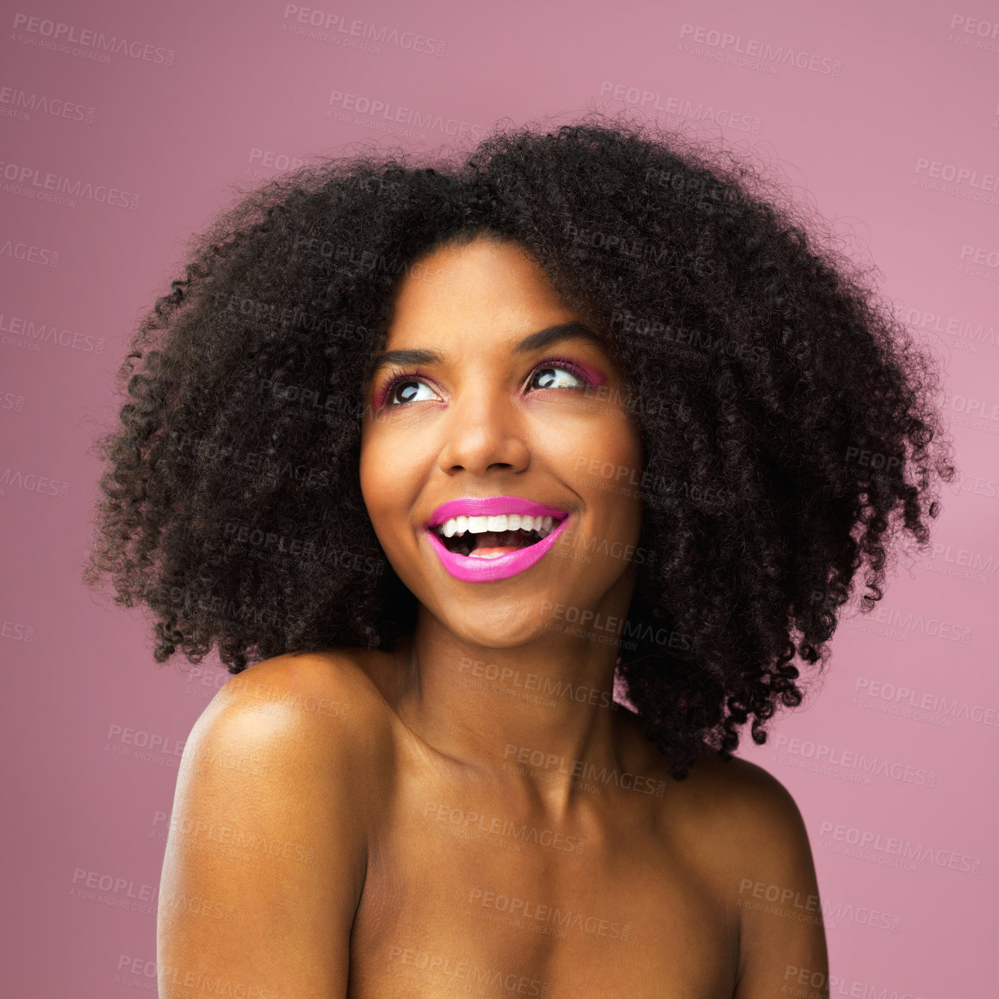 Buy stock photo Beauty, smile and thinking with excited black woman in studio on pink background for inspiration. Lipstick, makeup or skincare and happy model with idea for aesthetic, cosmetics or future wellness