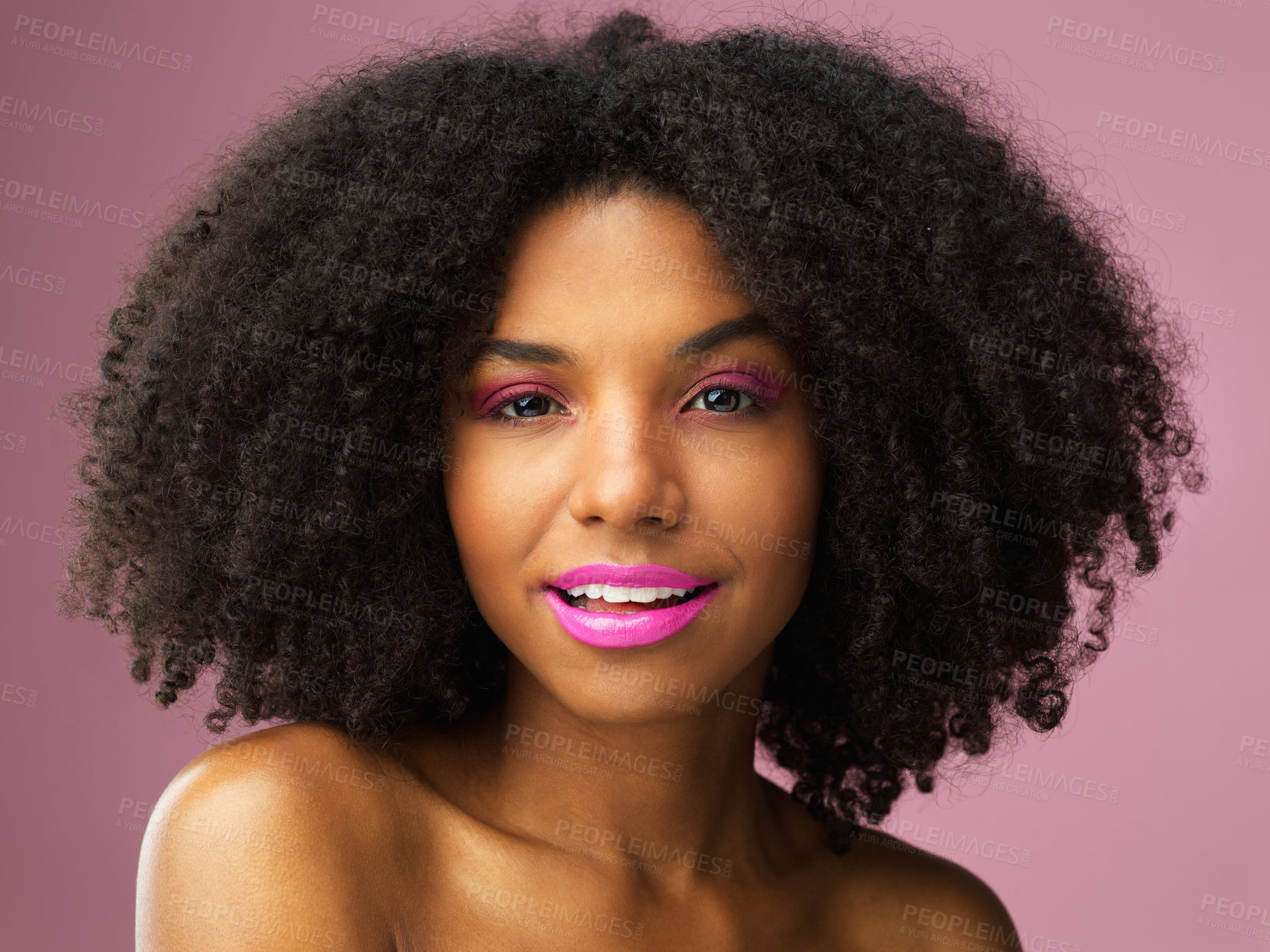 Buy stock photo Face portrait, hair care and black woman with lipstick in studio isolated on a pink background for skincare. Beauty, makeup cosmetics and African female model with salon treatment for afro hairstyle.