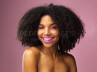 Buy stock photo Face, hair care and smile of black woman with makeup in studio isolated on a pink background for skincare. Beauty portrait, lipstick cosmetics and African female model with salon treatment for afro.