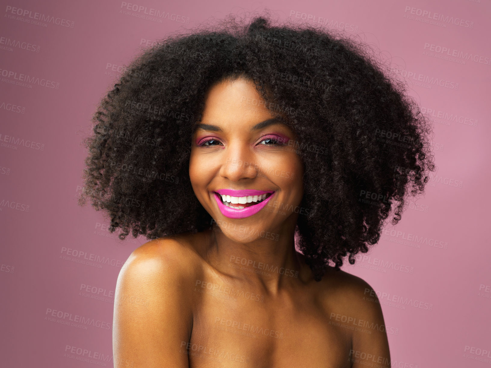 Buy stock photo Face, hair care and smile of black woman with makeup in studio isolated on a pink background for skincare. Beauty portrait, lipstick cosmetics and African female model with salon treatment for afro.