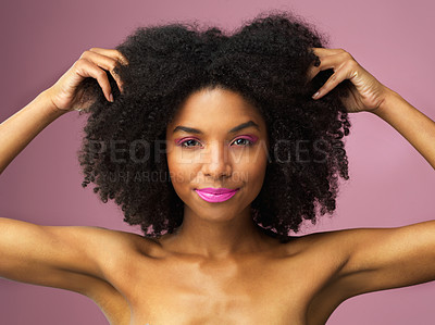 Buy stock photo Face, hair care and black woman with afro in studio isolated on a pink background with eyeshadow. Hairstyle portrait, lipstick makeup and African female model with salon treatment for cosmetics.