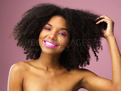 Buy stock photo Face, hair care and smile of black woman with afro in studio isolated on pink background with eyeshadow. Hairstyle portrait, lipstick makeup or African female model with salon treatment for cosmetics