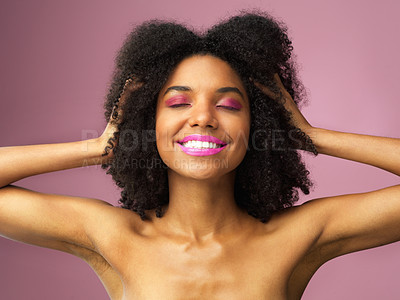 Buy stock photo Girl, smile and hair care in studio with confidence for afro, hairstyle and trendy black person. Woman, happiness and salon on pink background for shampoo, makeup and cosmetics with treatment