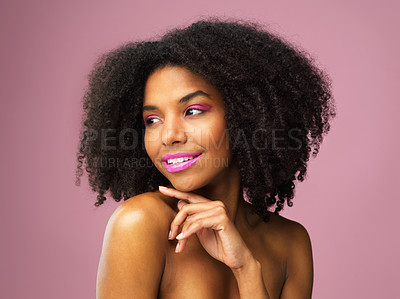 Buy stock photo Black woman, beauty and pink makeup in studio with cosmetics for skin isolated on background. Lips, application and mascara with cosmetology, attractive and cool technique for lipstick tutorial.