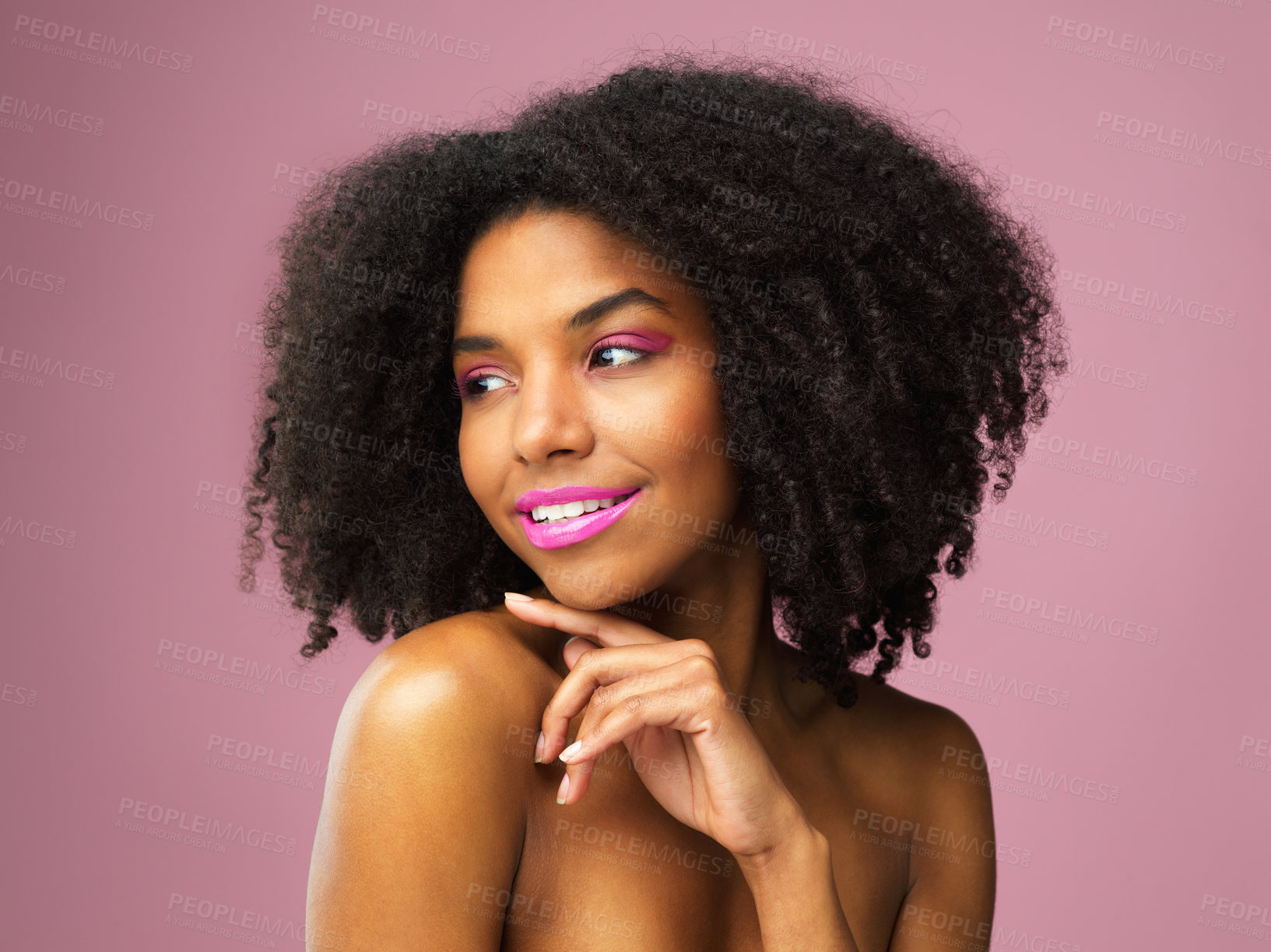 Buy stock photo Black woman, beauty and pink makeup in studio with cosmetics for skin isolated on background. Lips, application and mascara with cosmetology, attractive and cool technique for lipstick tutorial.