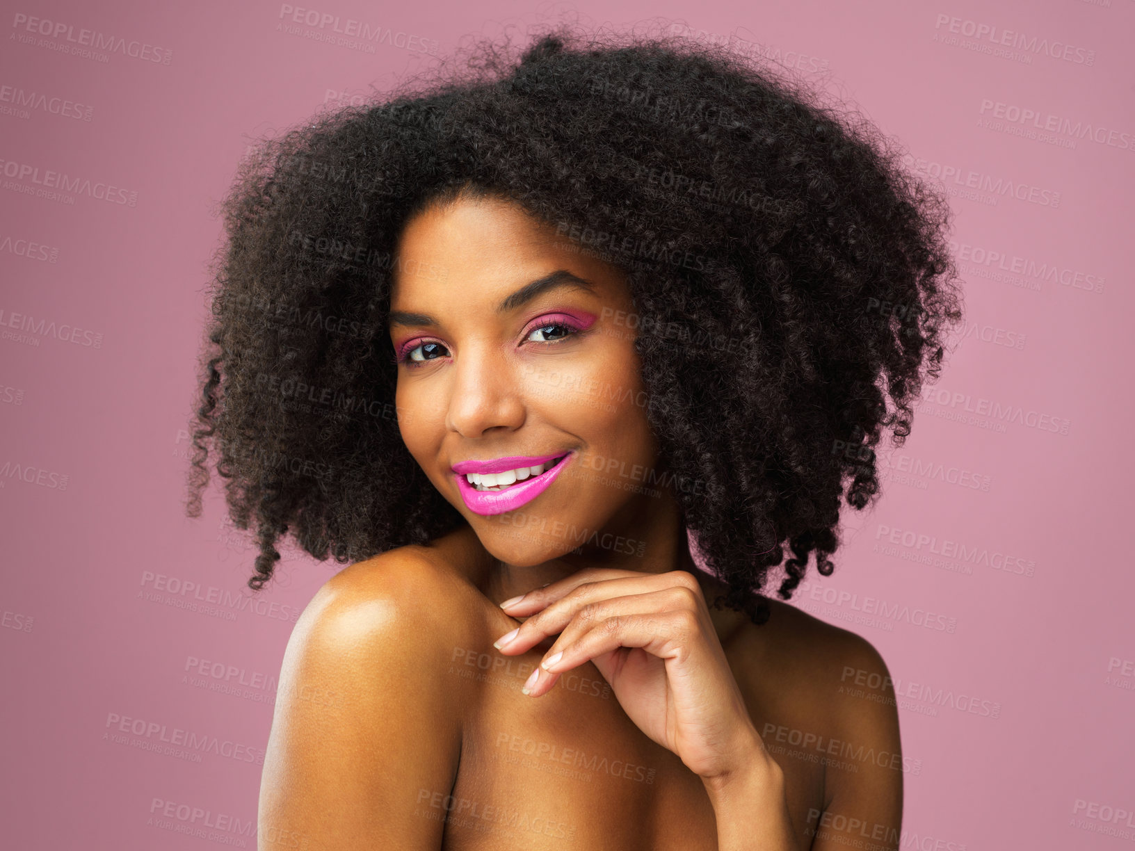 Buy stock photo Face, hair care and smile of black woman with makeup in studio isolated on pink background for skincare. Hairstyle portrait, lipstick cosmetics and African female model with salon treatment for afro.