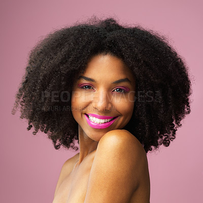 Buy stock photo Hair care, face and happy black woman with makeup in studio isolated on a pink background for skincare. Hairstyle portrait, beauty cosmetics and African female model with salon treatment for afro.