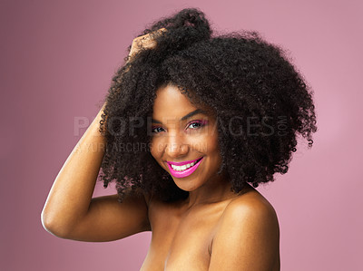 Buy stock photo Face, hair care and happy black woman with afro in studio isolated on pink background. Hairstyle portrait, makeup cosmetics and African female model with salon treatment for beauty, growth or healthy