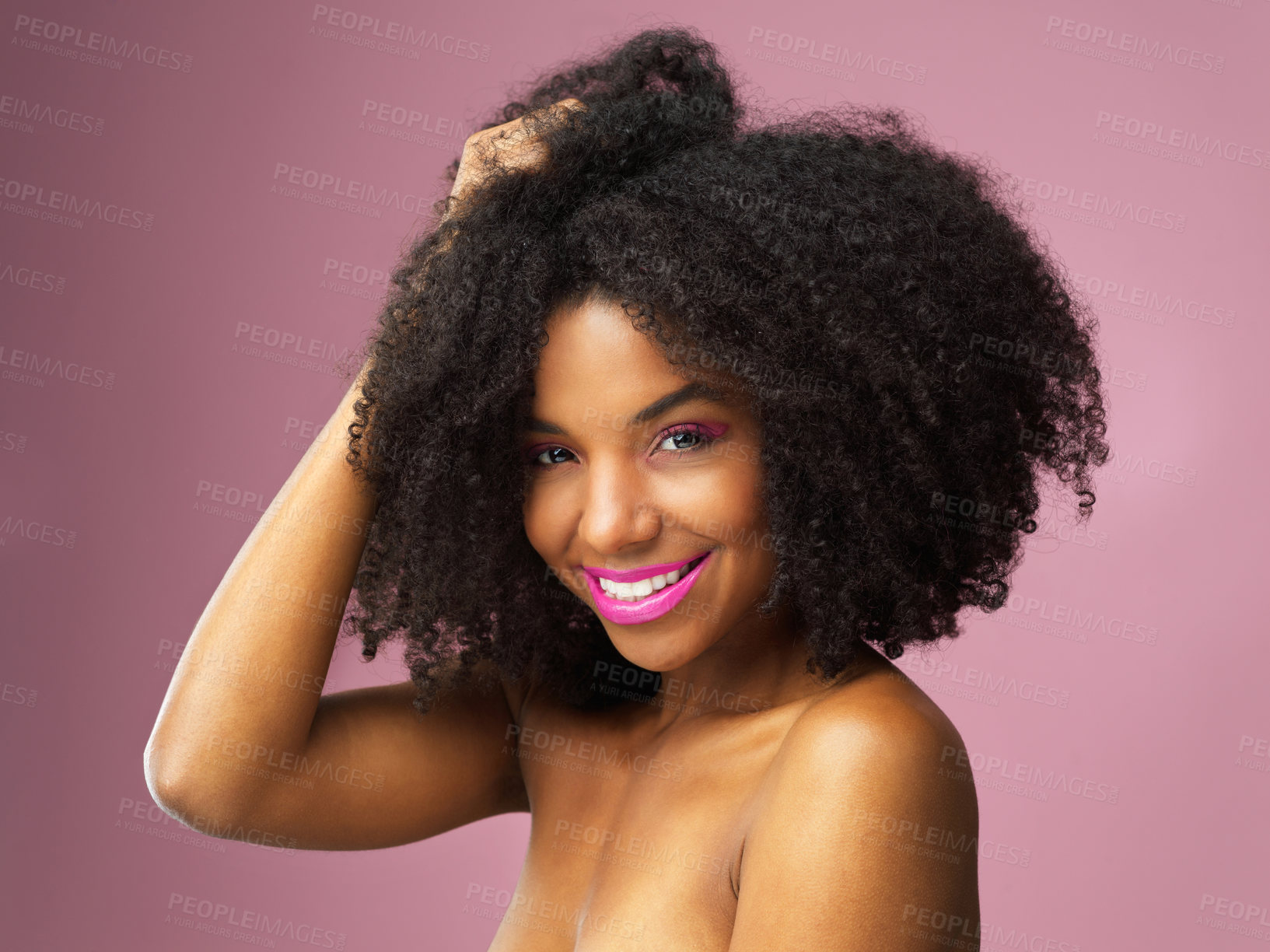 Buy stock photo Face, hair care and happy black woman with afro in studio isolated on pink background. Hairstyle portrait, makeup cosmetics and African female model with salon treatment for beauty, growth or healthy