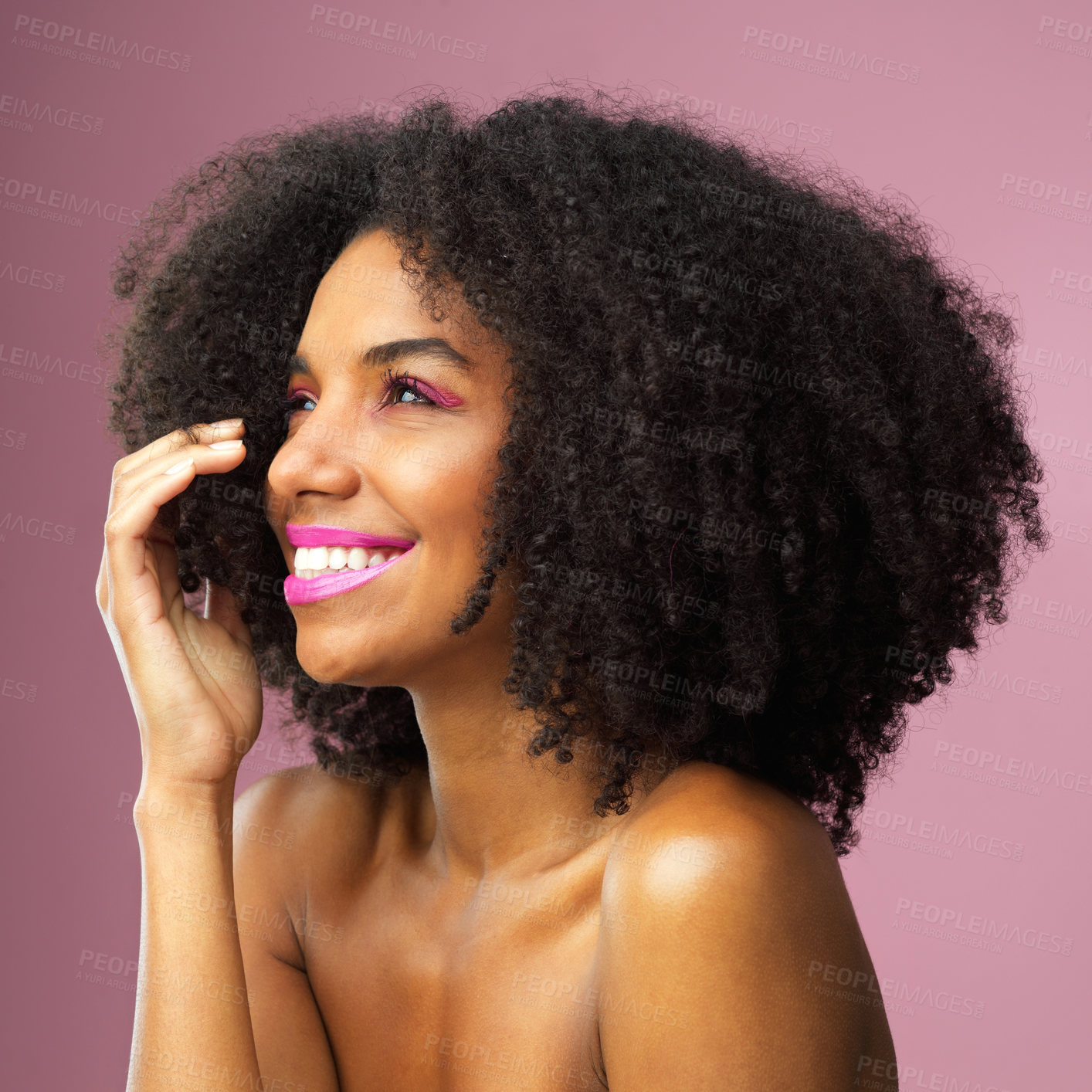 Buy stock photo Happy, black woman and beauty in studio with makeup for skin isolated on pink background. Lips, cosmetics and smiling for cosmetology, attractive and proud with afro for confidence with lipstick.