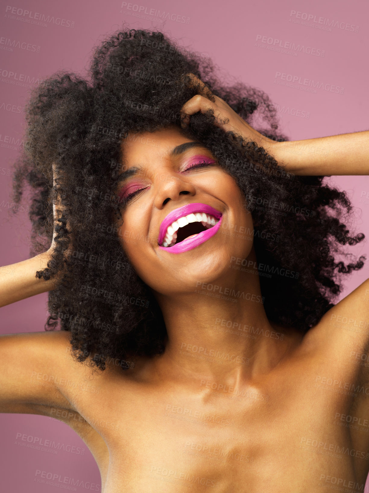 Buy stock photo Girl, smile and confidence in studio with hair care for afro, hairstyle and trendy black person. Woman, happy and makeup in salon on pink background for wellness, shampoo and texture with treatment