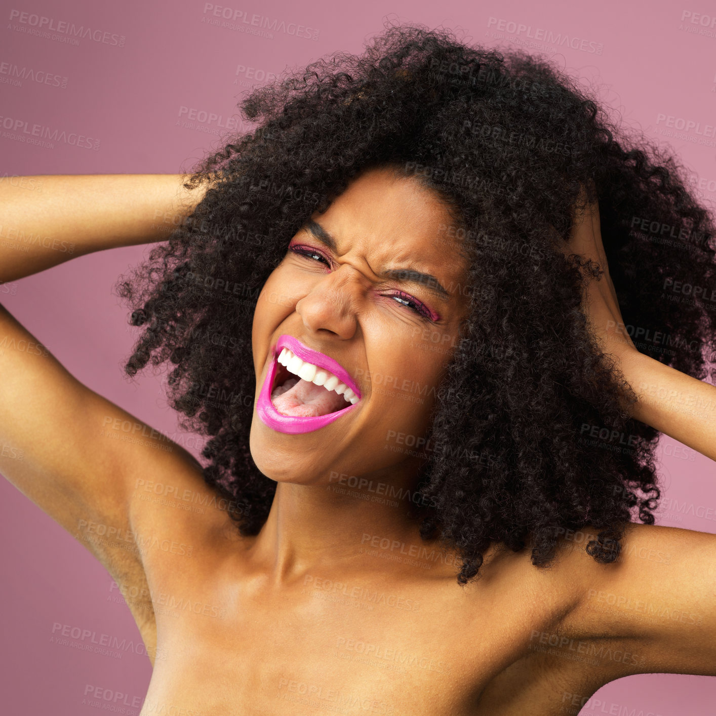 Buy stock photo Girl, smile and hair care in studio with confidence for afro, hairstyle and trendy black person. Woman, happy and portrait in salon on pink background for wellness, shampoo and texture with treatment