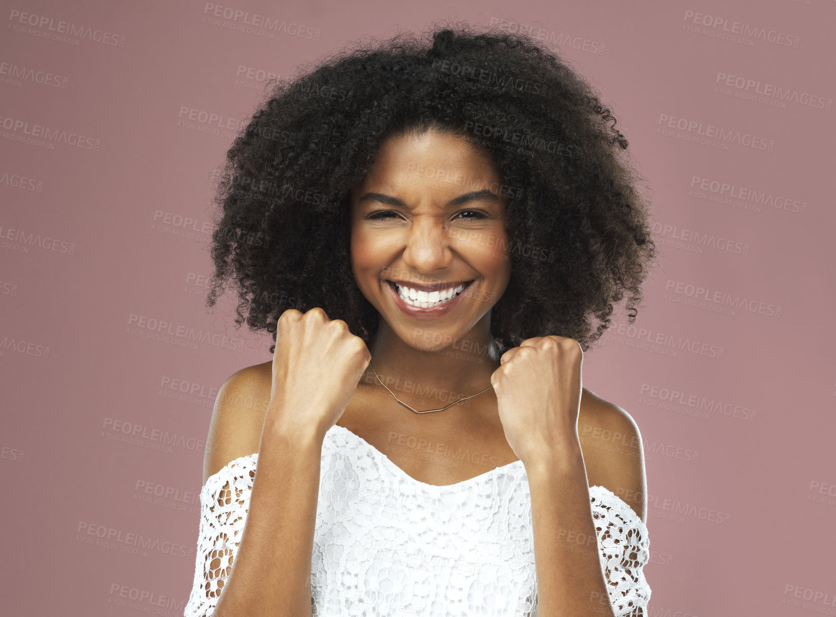 Buy stock photo Excited, cheering and fist pump with black woman and portrait for announcement, notification or surprise. Yes, winner and happy for girl for celebration, good news and bonus on pink studio background