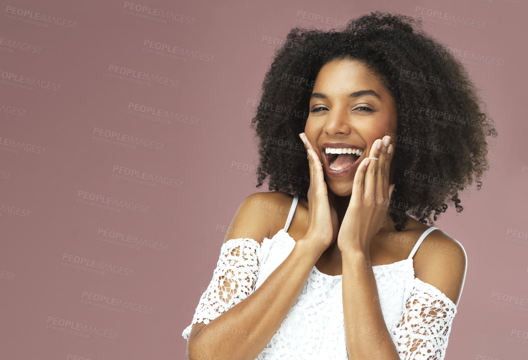 Buy stock photo Happy, woman and hand on face for dental care, oral hygiene and teeth transformation isolated in studio. Excited, female person and smile with tooth cleaning, orthodontics and invisible veneers