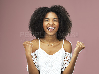 Buy stock photo Yes, celebration and fist pump with black woman and portrait for announcement, notification or surprise. Excited, winner and happy for girl for cheering, good news and bonus on pink studio background