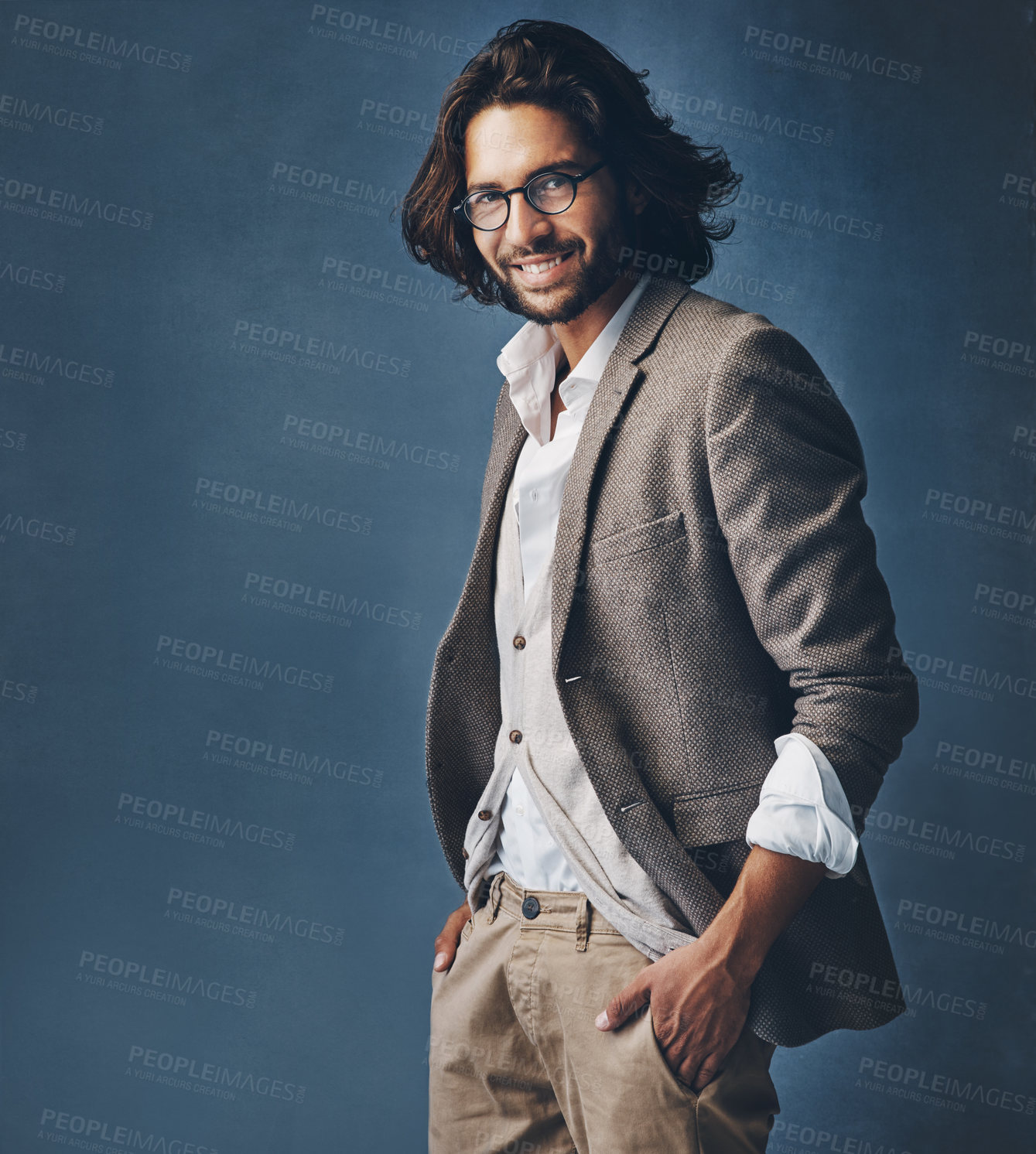 Buy stock photo Businessman, portrait and smile in studio for fashion or corporate career with executive look for manager roll or supervisor. Man, trendy and stylish on dark background, glasses and mock up space.