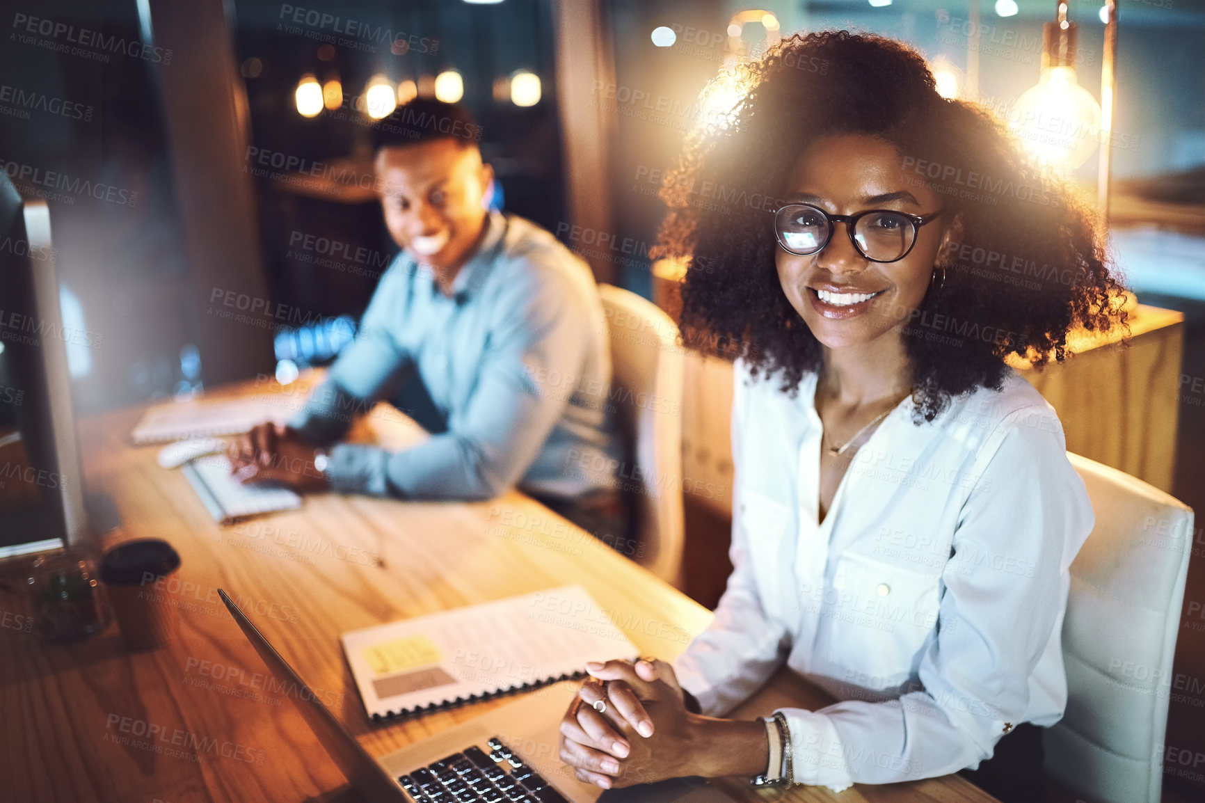 Buy stock photo Late, night and portrait of woman with laptop for project information, report and deadline at work. Office, developer and people with tech for software development, overtime and open source research