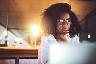 Buy stock photo Black woman, thinking and night with laptop or glasses for business decision or project deadline at office. Young African, female person or employee working late in wonder or contemplating choice