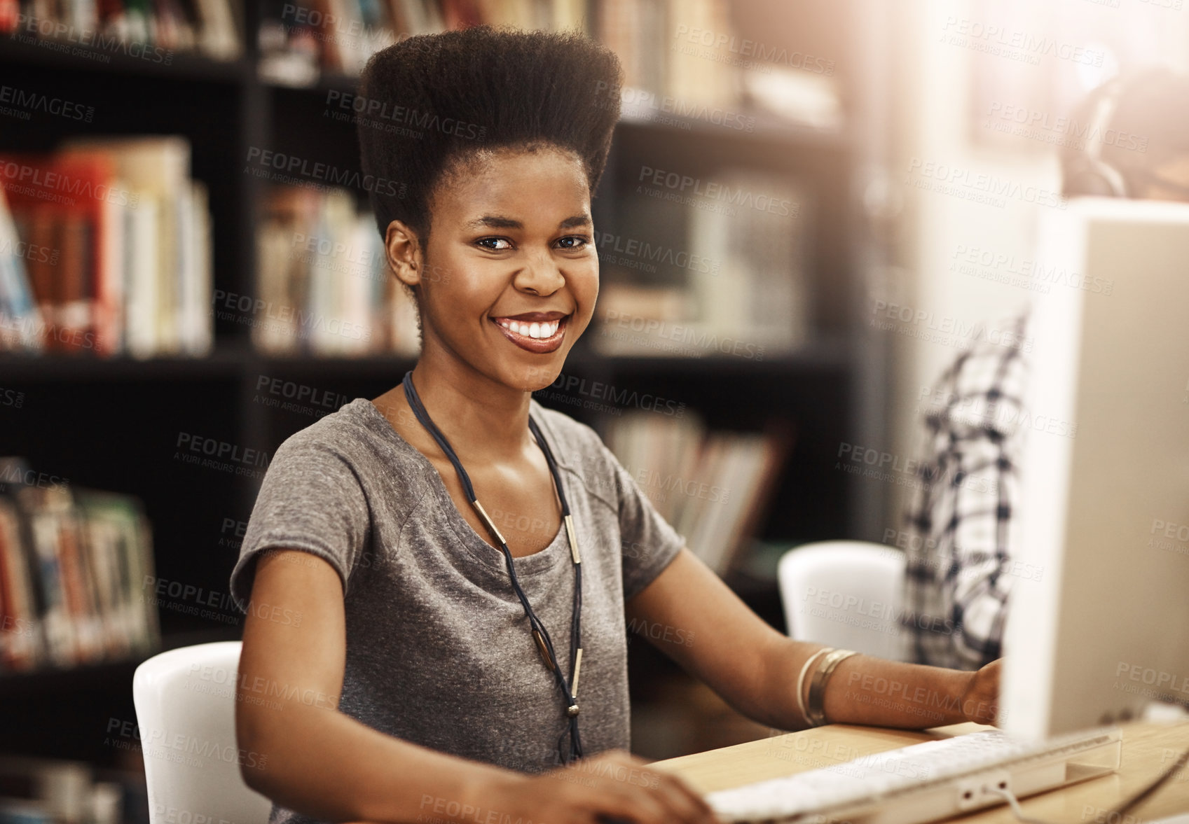 Buy stock photo Computer, student and portrait at library for research, knowledge and test results in college. University learning, black woman and internet for education, scholarship project and online exam report