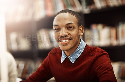 Buy stock photo Portrait, student or happy black man in library with smile for education, development or study at college. Face, history or learner with school research, course knowledge or scholarship at university