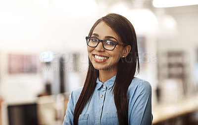 Buy stock photo Portrait of a university student standing in the library at campus