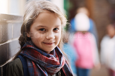 Buy stock photo Cropped portrait of an elementary school girl in the corridor at school