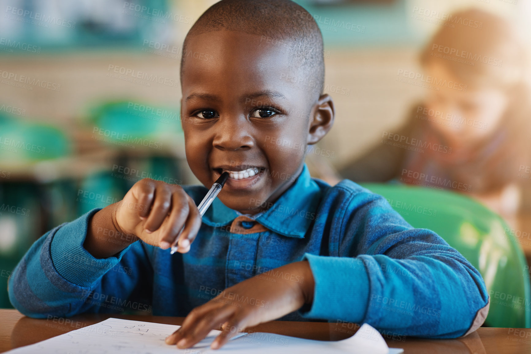 Buy stock photo Cropped portrait of an elementary school boy in the classroom
