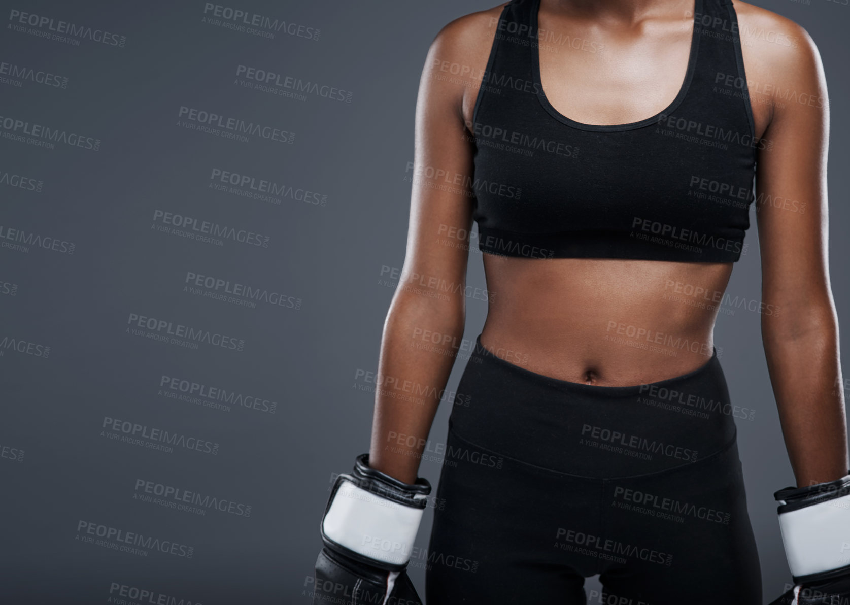Buy stock photo Boxing, fitness and woman with gloves in studio for workout, agility exercise and endurance. Person, sport and boxer with equipment for mma training, strength and resilience on grey background