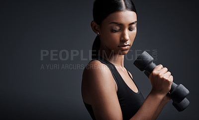 Buy stock photo Indian woman, dumbbells and weightlifting in studio for training on black background, lose weight or mockup. Female person, exercise and gym fitness workout or bicep muscle, resilience or challenge