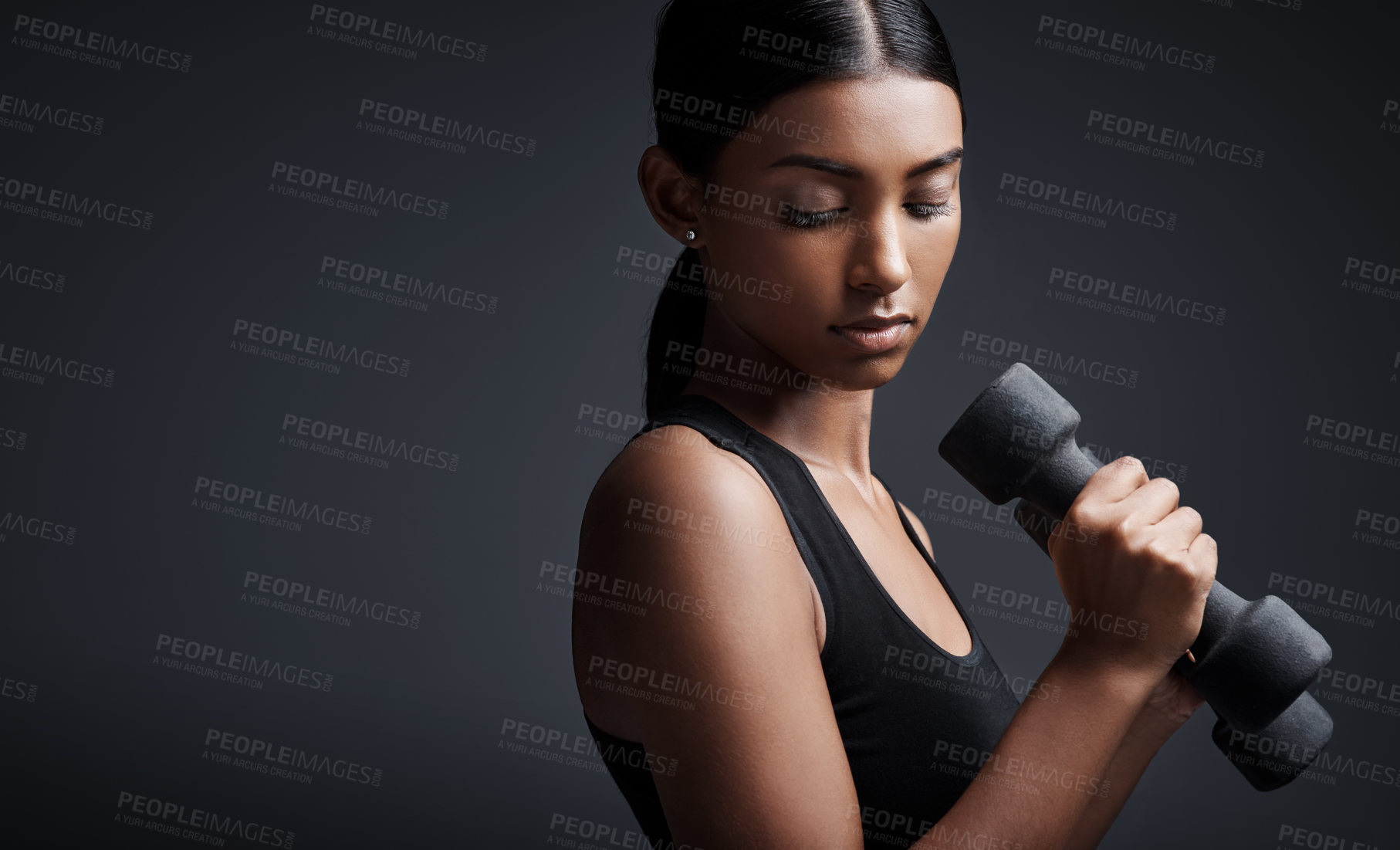 Buy stock photo Indian woman, dumbbells and weightlifting in studio for training on black background, lose weight or mockup. Female person, exercise and gym fitness workout or bicep muscle, resilience or challenge