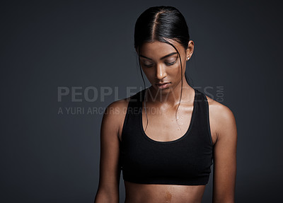 Buy stock photo Indian woman, thinking and exercise workout in studio or thoughts of fitness, training or black background. Female person, mockup space and future goal with healthy weight loss, routine or challenge