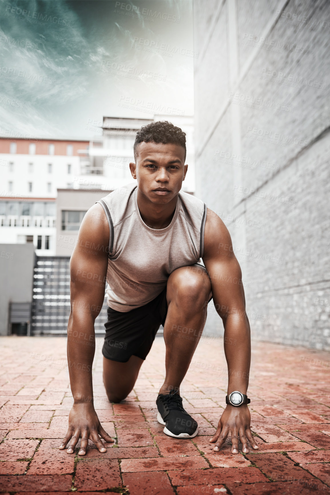 Buy stock photo Fitness, portrait and black man ready for race, start workout or running competition in city. Sports, focus and runner athlete in outdoor for sprint exercise, marathon training or speed challenge