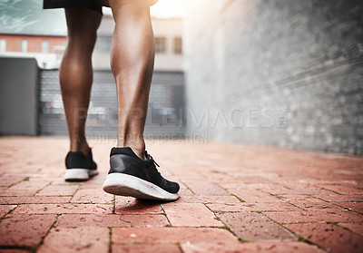 Buy stock photo Legs, man and ready for outdoor exercise, runner and shoes for training or cardio workout. Male person, sneakers and athlete for outside fitness, pavement and sports challenge or marathon practice