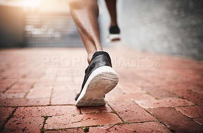 Buy stock photo Running shoes, legs and fitness with training for exercise for marathon with people for workout or health. Trainers, grip and advertisement for niche retail with sprinter, athlete or outdoors