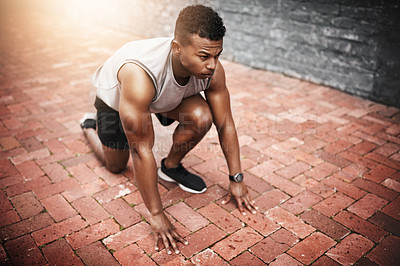 Buy stock photo Runner, start and black man ready for race, cardio workout or running competition in city. Fitness, lens flare and athlete person in outdoor for sprint exercise, marathon training or speed challenge