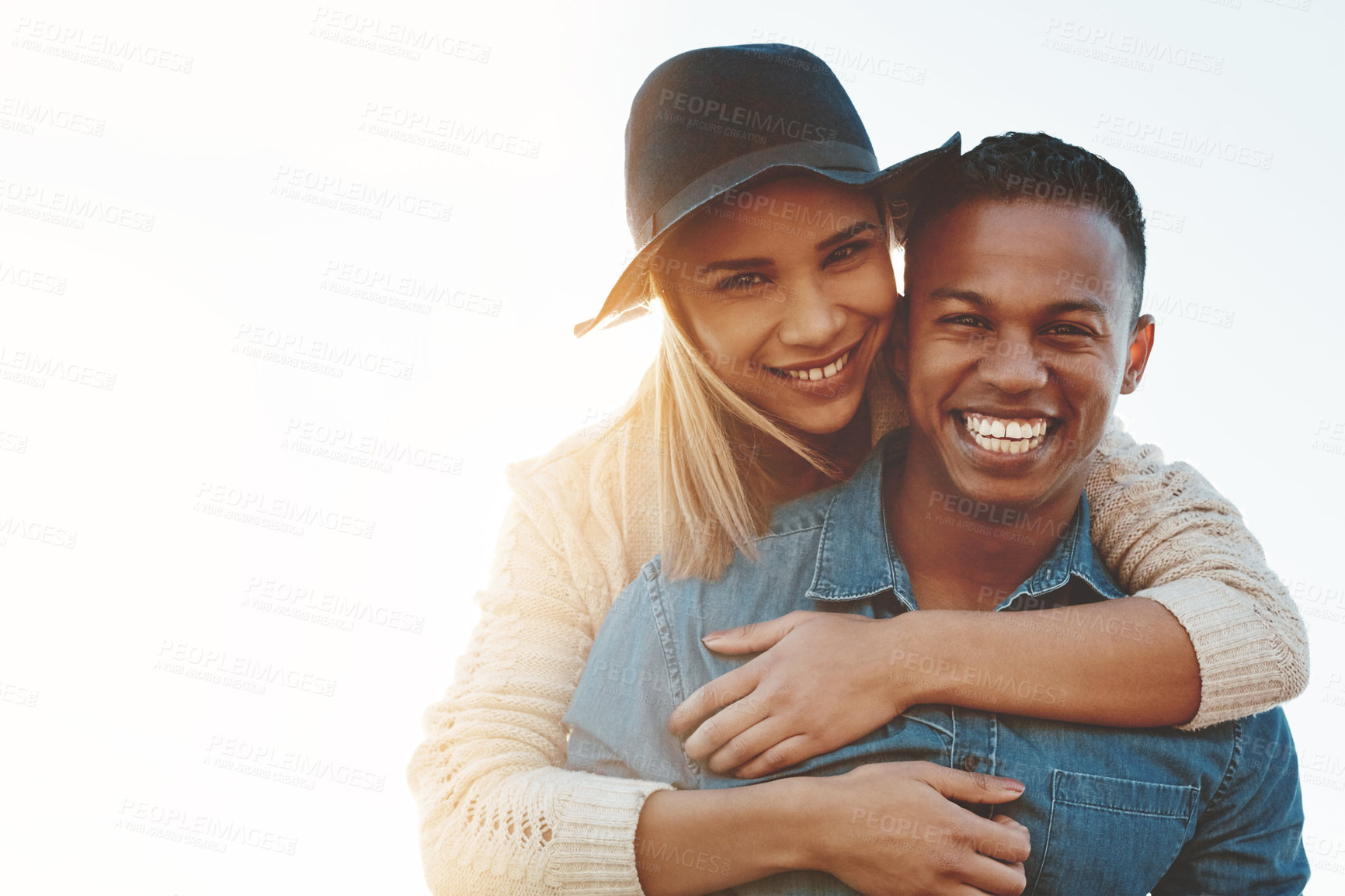 Buy stock photo Love, hug or couple outdoor with portrait, commitment or bonding together on summer holiday. Space, man or woman outside with embrace, connection or healthy relationship on romantic vacation.