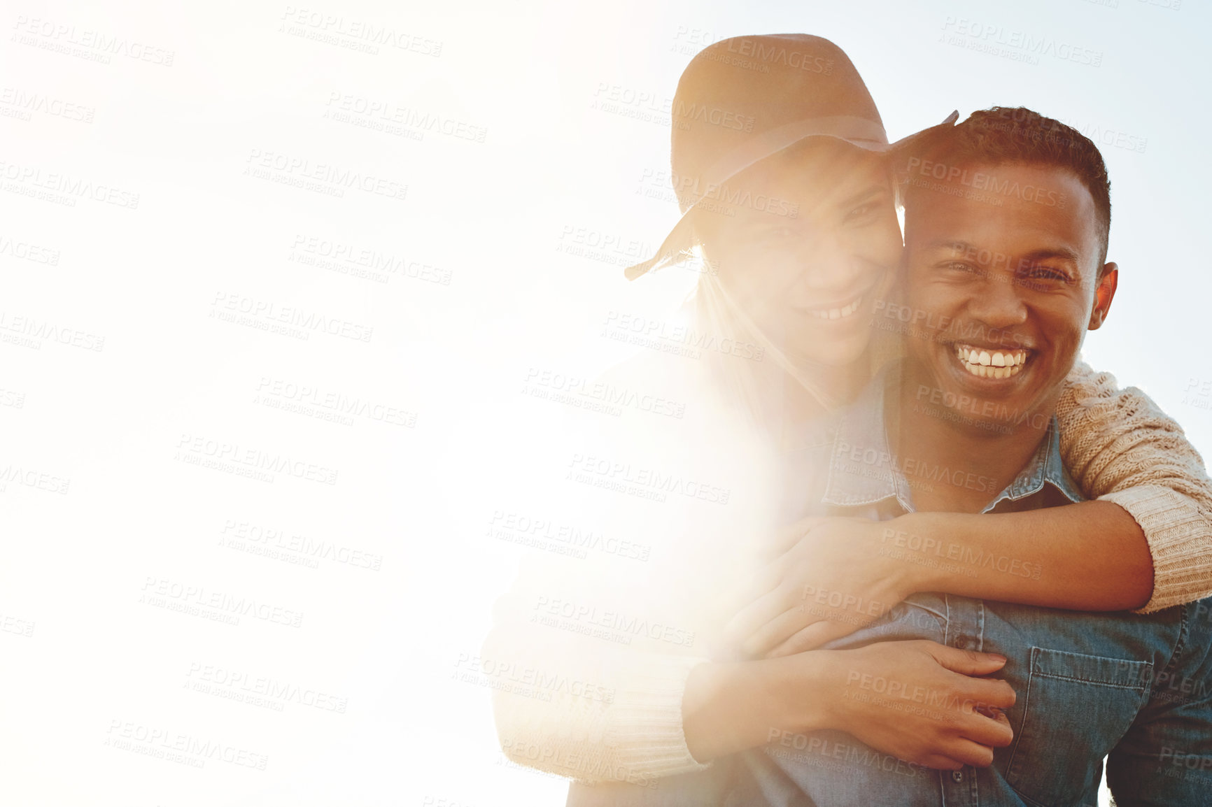 Buy stock photo Travel, sunshine or couple outdoor with portrait, commitment or bonding together on summer holiday. Flare, space or people with embrace, connection or healthy relationship on romantic vacation.