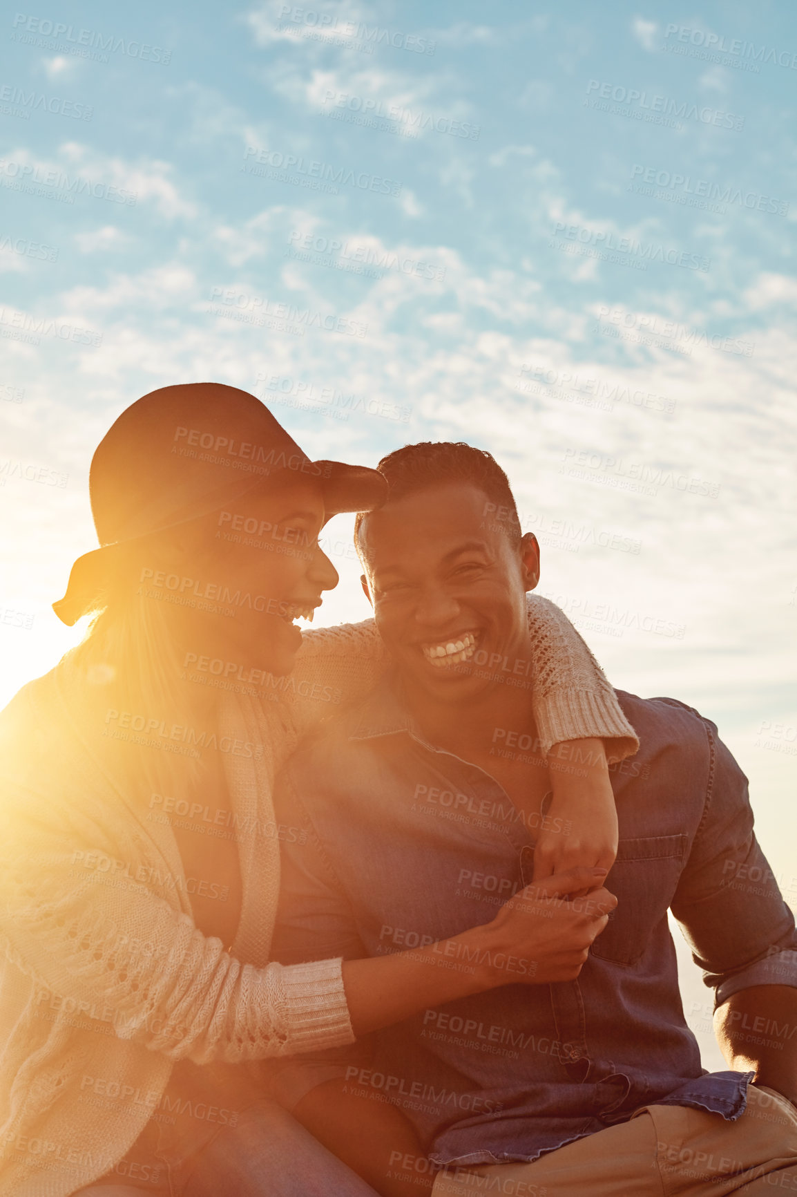 Buy stock photo Couple, laughing and relax with hug outdoor for travel, adventure and bonding on romantic getaway. Space, people and embrace on date with partner, sunshine and holiday for weekend break in nature