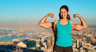 Buy stock photo Cropped portrait of a young woman standing in front of her boyfriend who's flexing his muscles