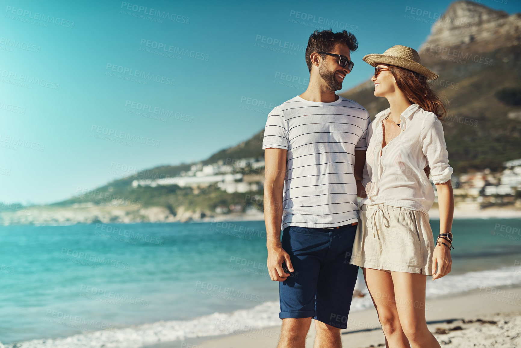 Buy stock photo Happy, couple and travel for date, beach and sunglasses for summer, tropical and relax in holiday. Trip, woman and man in Cancun, hat and adventure for romance in marriage, outdoor and vacation