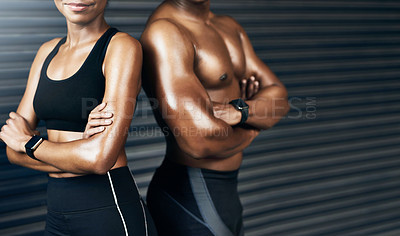 Buy stock photo Closeup shot of a sporty couple standing together against a grey background