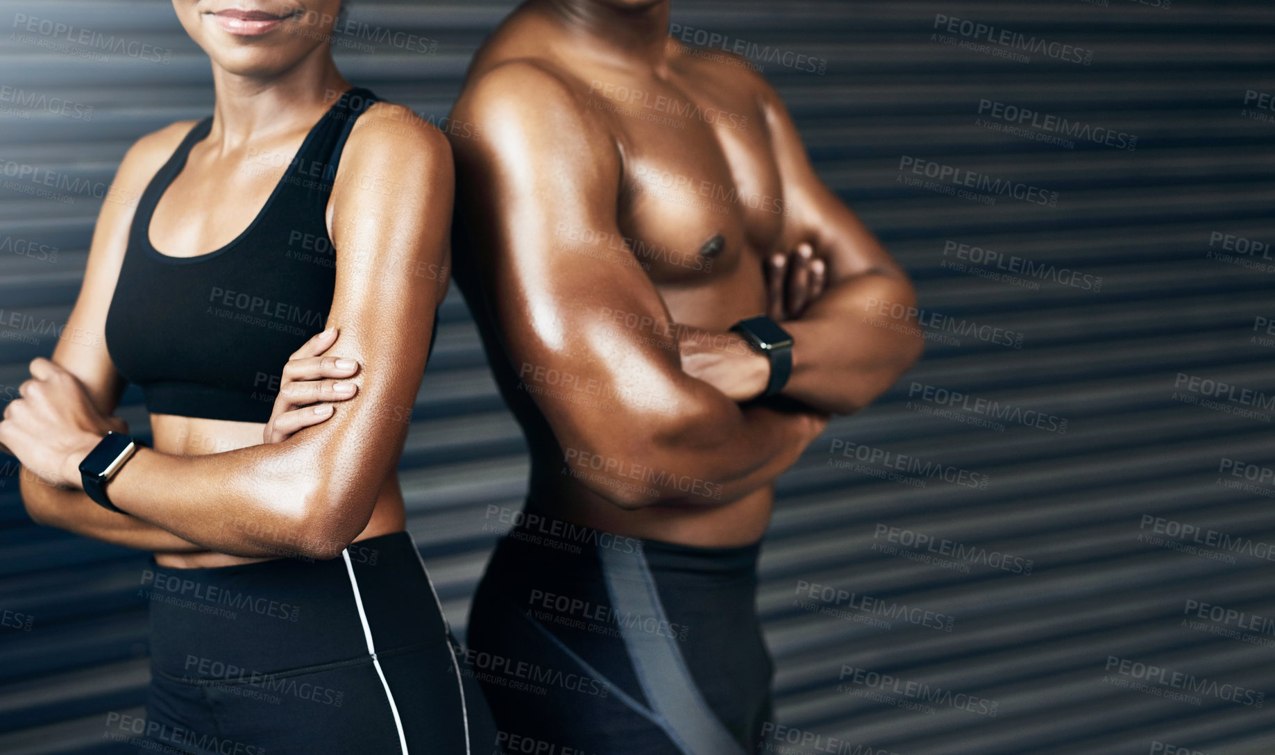 Buy stock photo Arms crossed, exercise and couple with support, training and health center with challenge, rest and wellness. Fitness, man and woman in gym, workout or endurance with break, bonding together or sweat