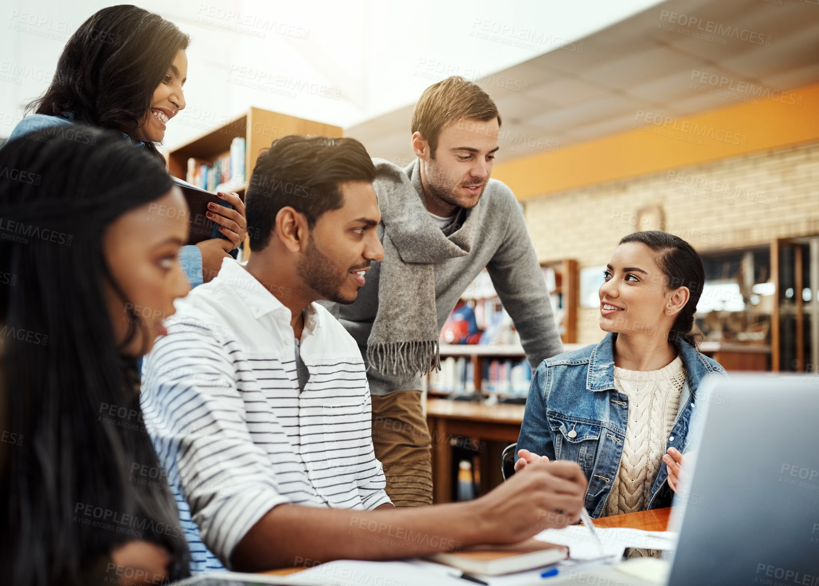 Buy stock photo Learning, friends and discussion in college library for research project, education and assignment teamwork. Diversity students, study group and people with talking at university for exam preparation