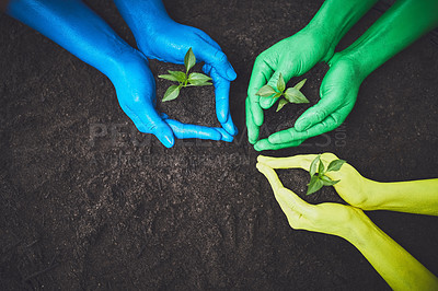 Buy stock photo Environment, eco friendly and soil with hands of people for growth, future and sustainability. Color paint, volunteer or hope with closeup of plant and above as community service, seedling or garden 