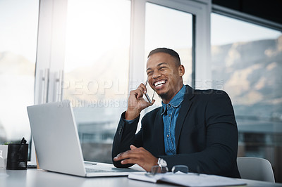 Buy stock photo Happy black man, laptop and discussion with phone call for proposal or communication at office desk. Businessman, accountant or employee with smile on mobile smartphone for friendly conversation