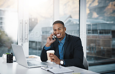 Buy stock photo Happy businessman, discussion and phone call with coffee for proposal or communication at office desk. Black man, accountant or employee with smile on mobile smartphone for friendly conversation