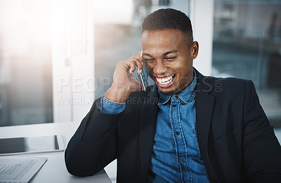 Buy stock photo Black man, laughing and relax with phone call for funny joke, discussion or communication at office. Happy businessman, accountant or employee smile with mobile smartphone for friendly conversation