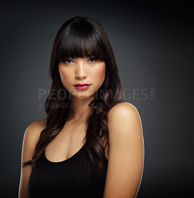 Buy stock photo Confident, asian woman and cosmetics for portrait in studio with beauty for natural glow or shine with healthy skin. Makeup, female person and skincare with dermatology treatment for wellness by spa