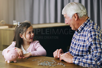 Buy stock photo Money, piggy bank and learning with child and grandfather for savings, investment and help. Growth, cash and future with young girl and old man in family home for generations, finance and support