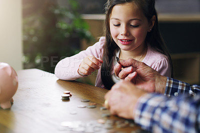 Buy stock photo Money, piggy bank and coins with child and grandfather for savings, investment and learning. Growth, cash and future with young girl and old man in family home for generations, finance and support